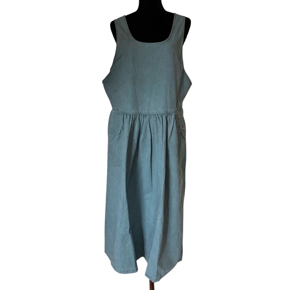 NWT L.L. Bean Steel Green Sleeveless Cotton Pinafore Jumper Long Dress Size 16